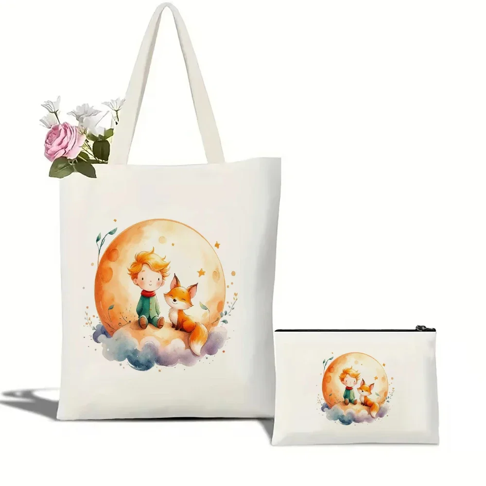 

Little Prince Inspired Floral and Fox Cartoon Canvas Tote Bag Elegant and Durable Design Perfect for Book Lovers and Daily Use