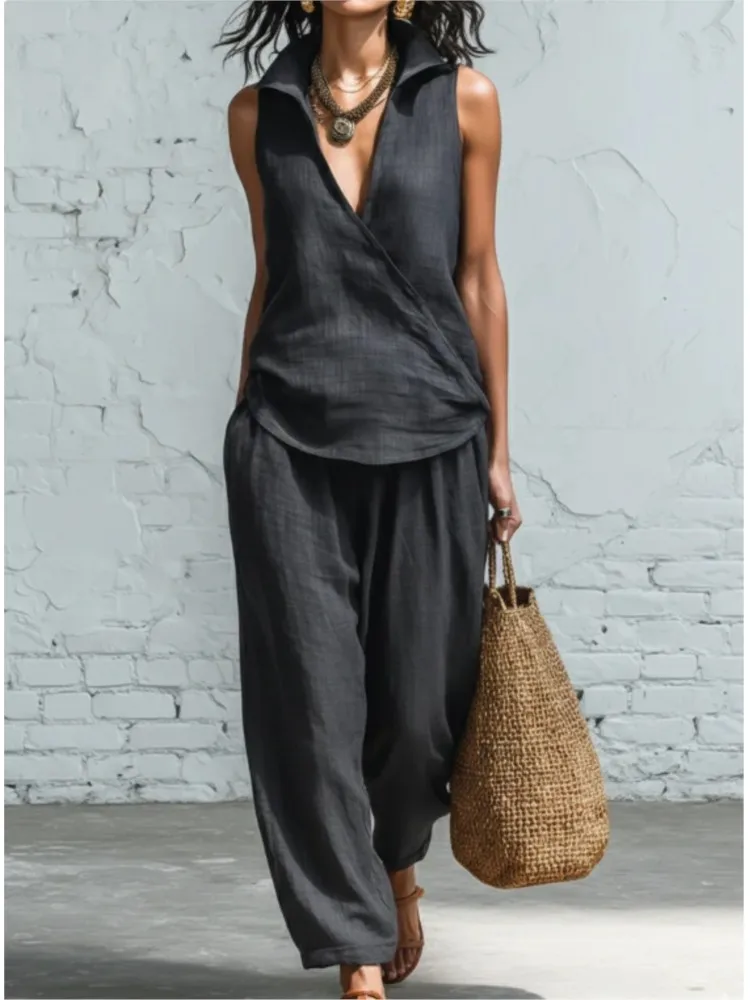V-neck Sleeveless Top Wide-leg Trousers Suit 2026 Spring Retro Solid Color Suit Women's Elegant Sleeveless Summer Two-piece Set