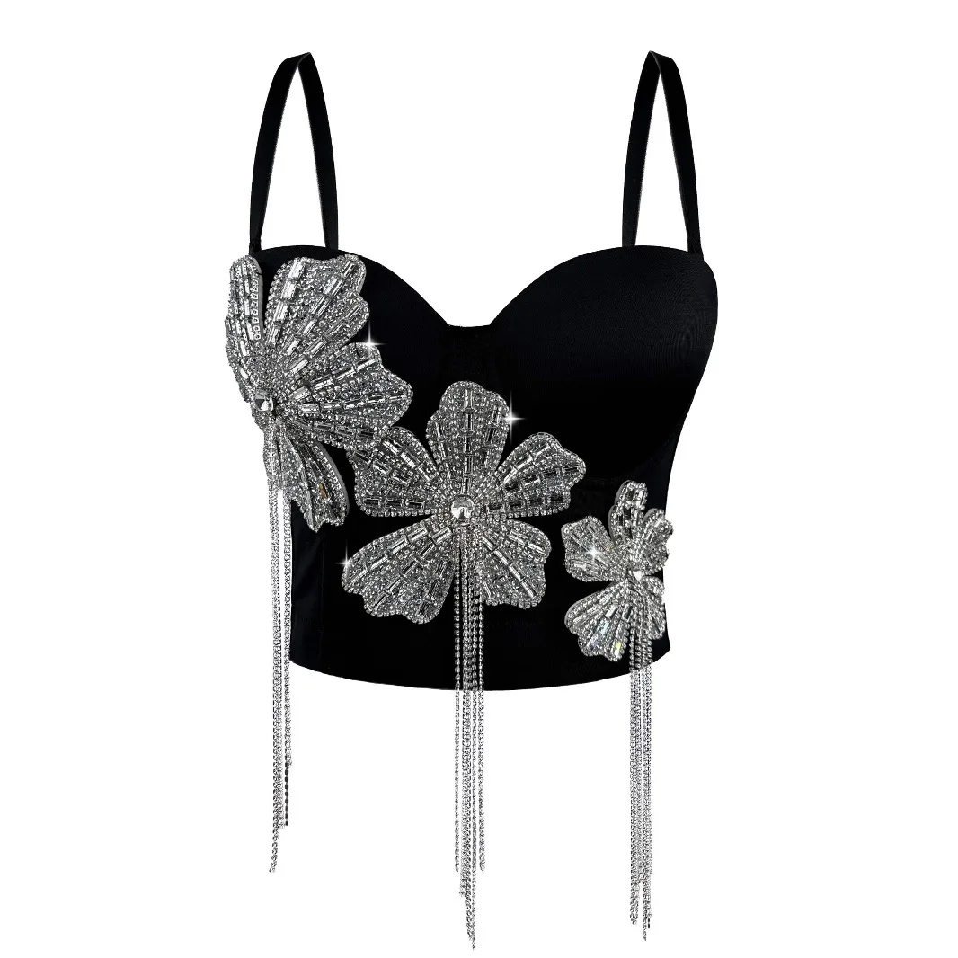 

Light Luxury Diamond-Encrusted Fishbone Tassel Bustier Three-Dimensional Floral Waistband Strapless Top Sexy And Stylish Corset