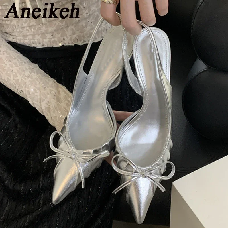 Aneikeh-zapatos de tacón alto de PU para mujer, sandalias de punta estrecha con nudo de mariposa, elegantes, sin cordones, plisados, para verano, 2024