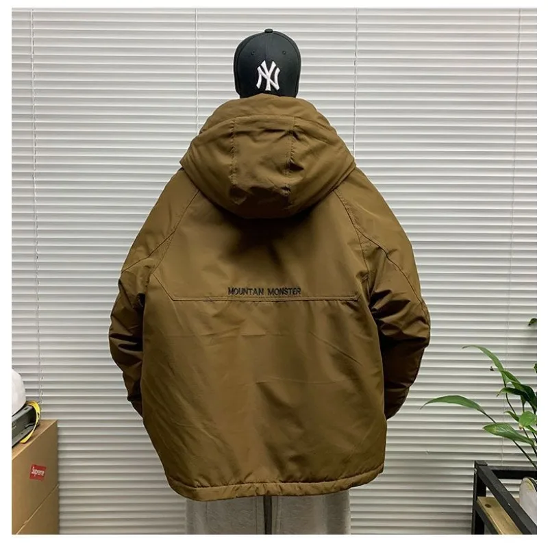 Men's Workwear Fashion Hooded White Down Jacket Winter Thickened Warm Casual Loose Over Jacket Fashion Personality Cool