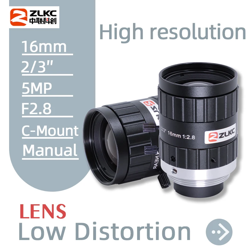 

ZLKC HD 5MP Camera Lens 2/3 Inch C Mount 16mm Fixed Focus Low Distortion F2.8 Manual Iris CCTV Parts for Industrial Camera Lens