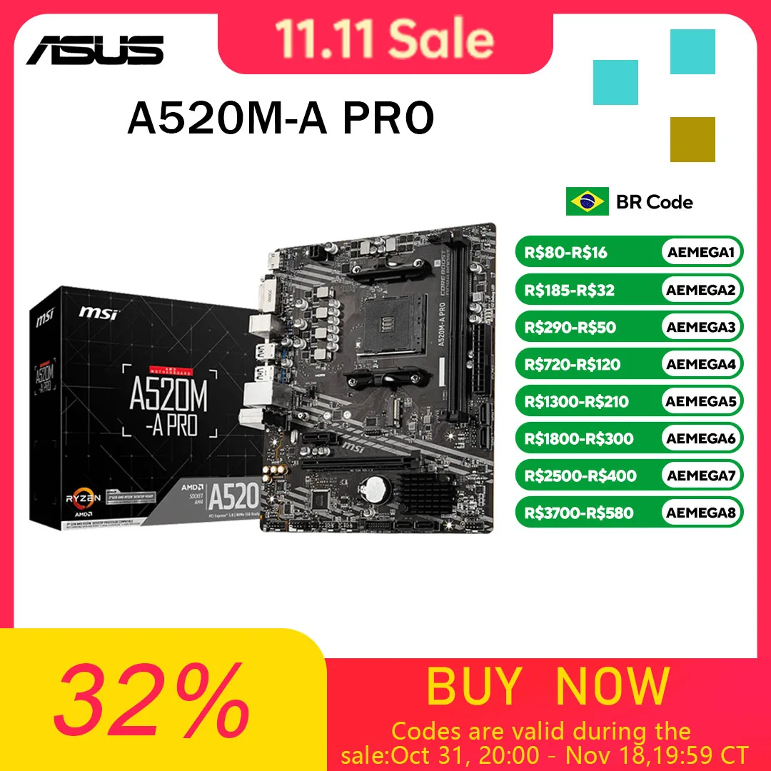 MSI A520M-A PRO Motherboard A520M Socket AM4 2x DDR4 64GB M.2 Micro-ATX support Ryzen 5700X 5600G 5300G 4500 3500 3900 cpu