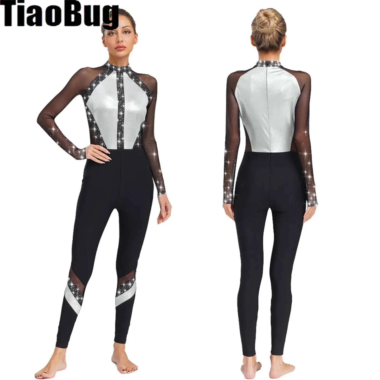 

Women Ballet Gymnastics Dance Jumpsuit Sheer Mesh Patchwork Long Sleeve Rhinestone Leotard Bodysuit Skating Acrobatics Dancewear