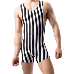 Body de Fitness sin mangas a rayas verticales para hombre, ropa interior bóxer, mono suave, ropa de dormir deportiva ajustada