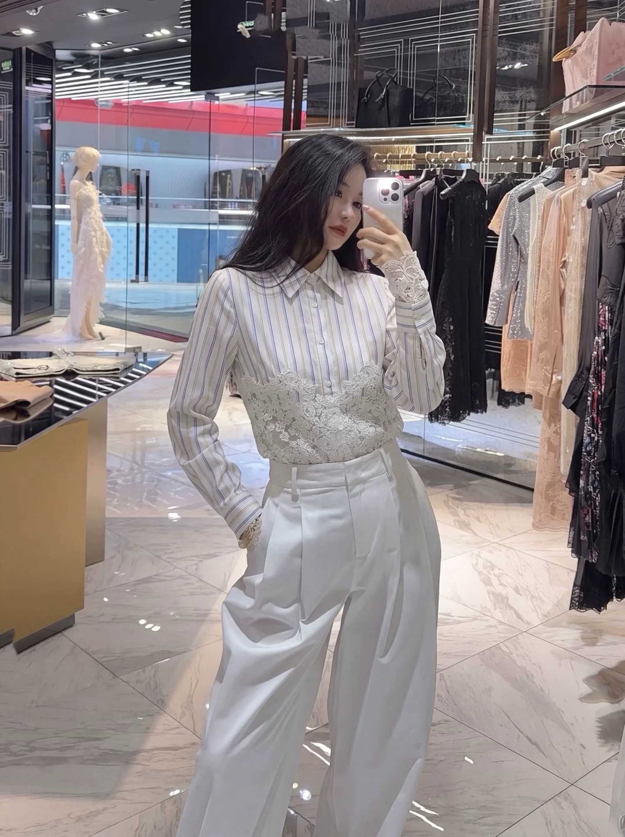 ⁠Luxury White Striped Shirt Women Designer Lace Waist Patchwork Long Sleeve Elegant Lapel Blouse Corset Chic Runway Top⁠