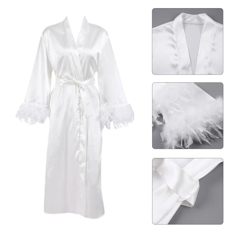 White Feather Robe With Fur Full Sleeves Sleepwear Satin Robes For Women Nightgown Bride Robe Sleepwear Drop Shipping