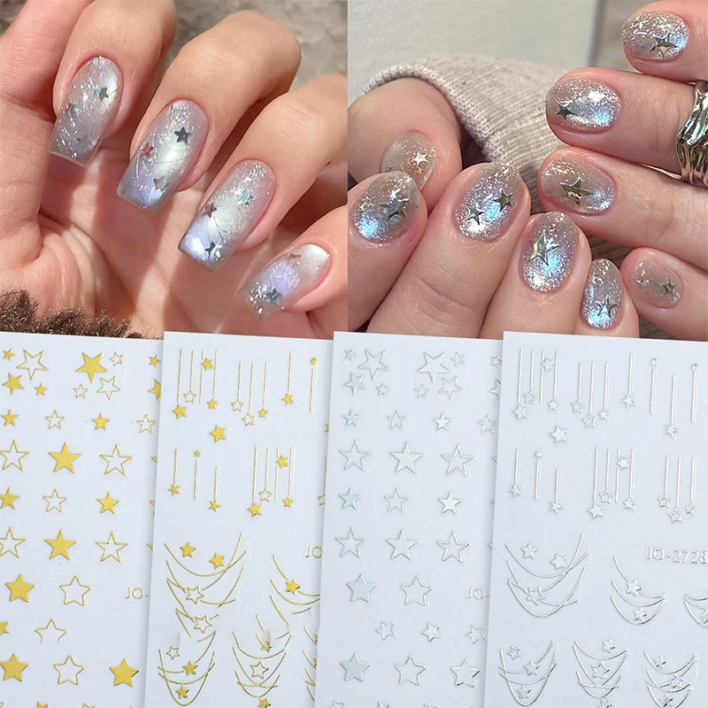 

1 Sheet 3D Gold/ Silver Star Bronzing Nail Art Sticker Laser Star Styles Nail Decal Gold Silver Self-Adhesive Slider