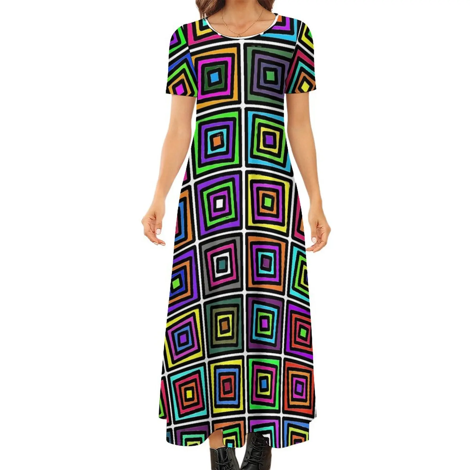 Geometic Colorblock Dress Mid Century Kawaii Maxi Dress Korean Fashion Bohemia Long Dresses Women Short Sleeve Big Size Vestido