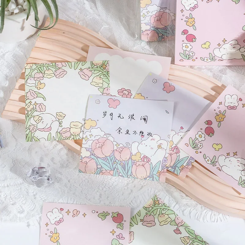 100 Pcs Spring Garden Flowers, Little Rabbit, Cute Note Paper, Non-adhesive Sticky Note Handbook Material, Memo Note Paper