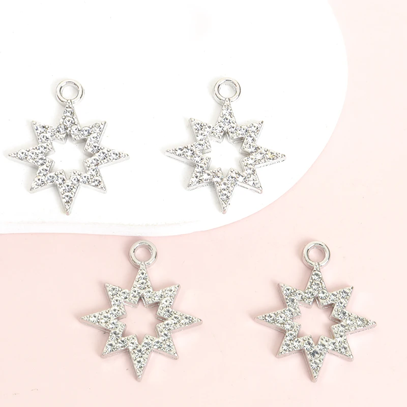 10pcs Shiny Rhinestones Inlay Hollow Eight-pointed Star Charms Necklace Earring and Any Other Chain Ornaments DIY Alloy Pendants