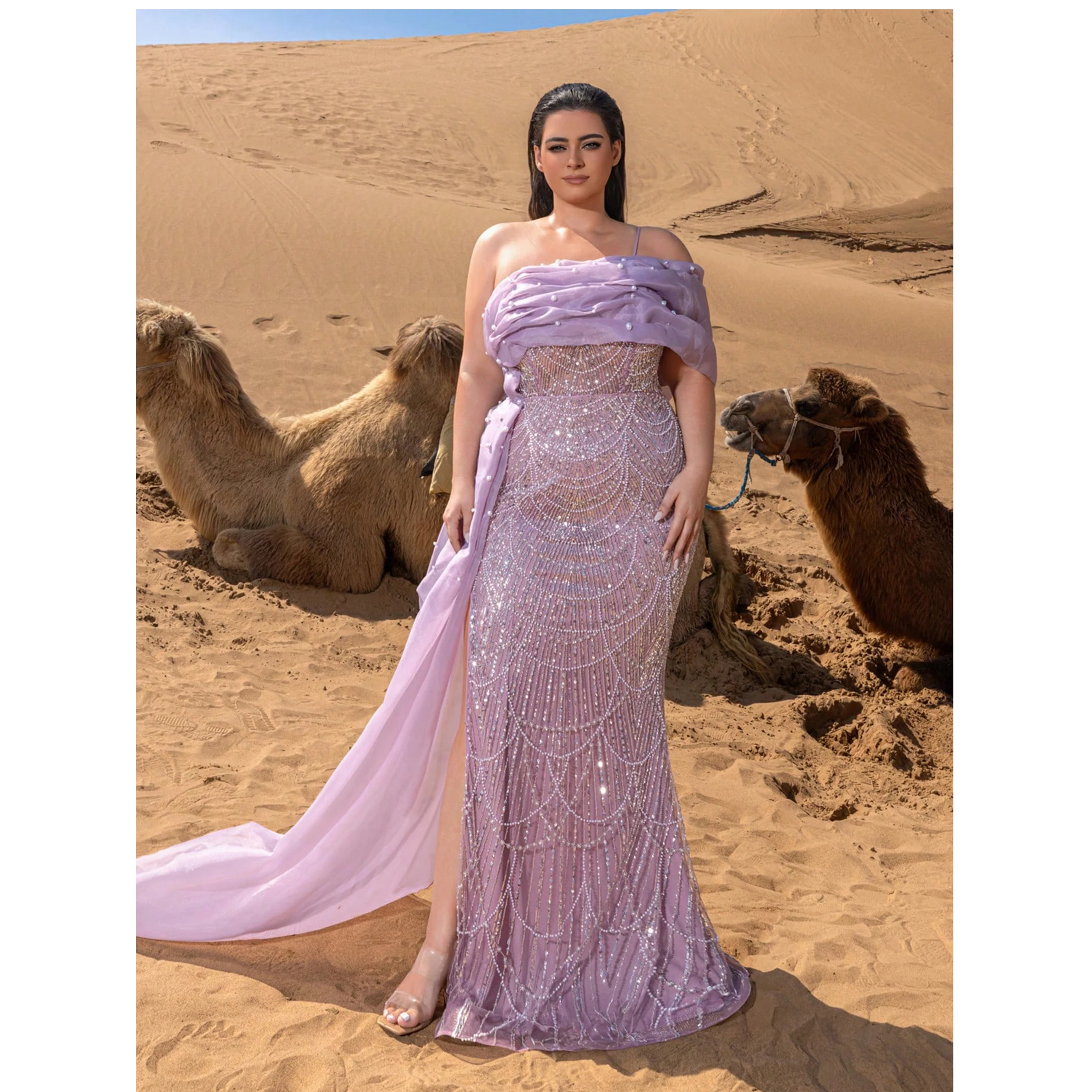 

Plus-Size Beaded Mermaid Evening Gowns with Asymmetrical Neckline - Sparkling Formal Dresses for Wedding Guest/Prom/Black Tie Ev