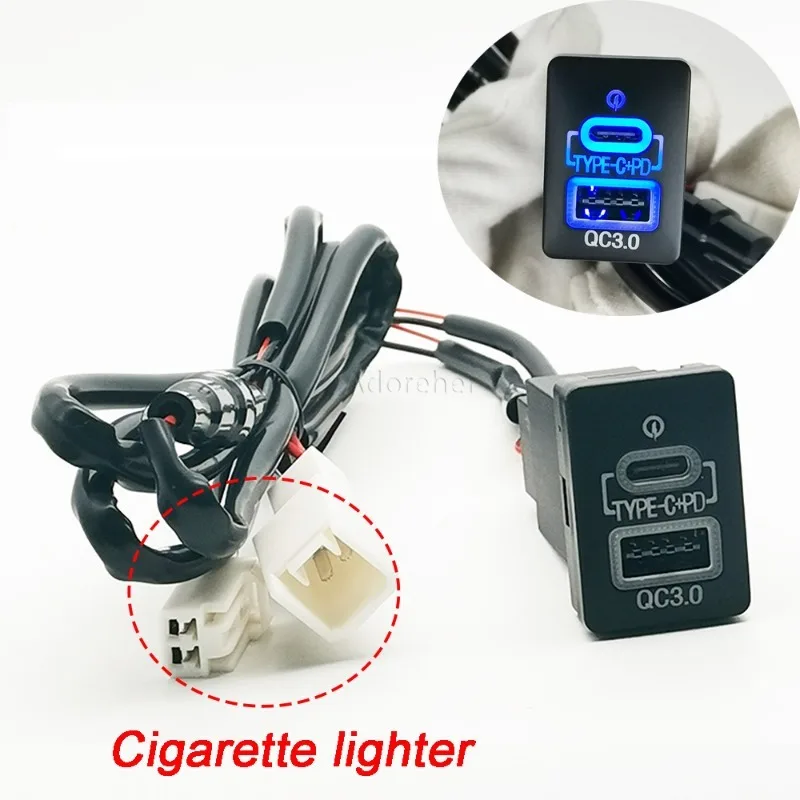 Car Type-C PD USB QC3.0 Dual Phone Charging Adapter For Toyota Camry Prius Corolla Land Cruiser PRADO RAV4 Blue LED