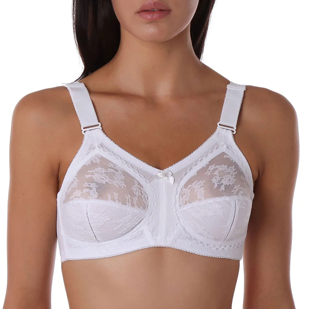White Women Bra Unlined Sexy Lace Bra Full Coverage Ultra Thin Wireless Adjusted-straps Minimizer Bras Plus Size B C D DD E Cup