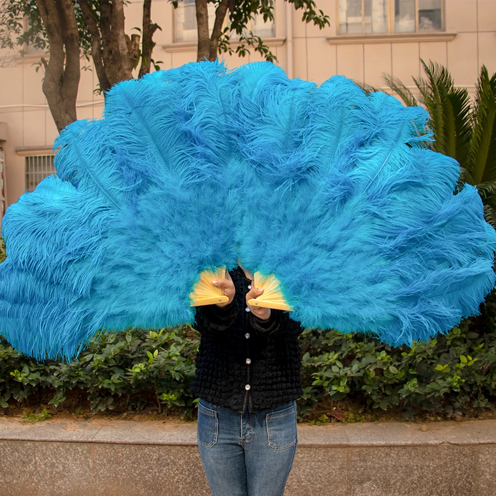 Blue Natural Ostrich Feather Fan 13 Bones Big Hand Held Folding Fan for Carnival Performance Dance Fans Party Stage Show Props