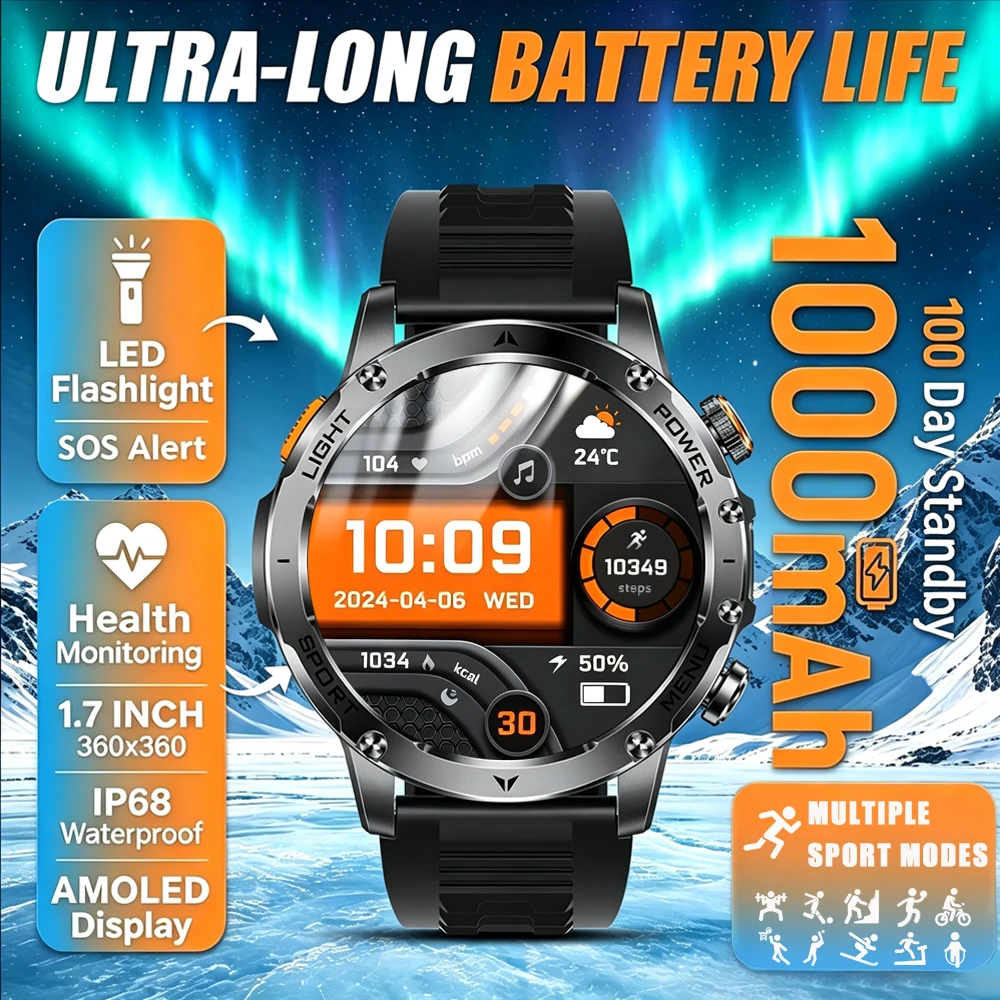 Męski smartwatch sportowy 2026, okrągły ekran HD o przekątnej 1,7 cala, bateria o dużej pojemności 1000 mAh, latarka LED, ponad 100 funkcji sportowych, wodoodporność IP68, zegarek do monitorowania