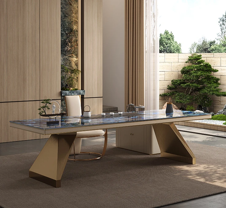 Rock-plate tea table and chair combination office designer advanced sense villa simple luxury stone big tea table