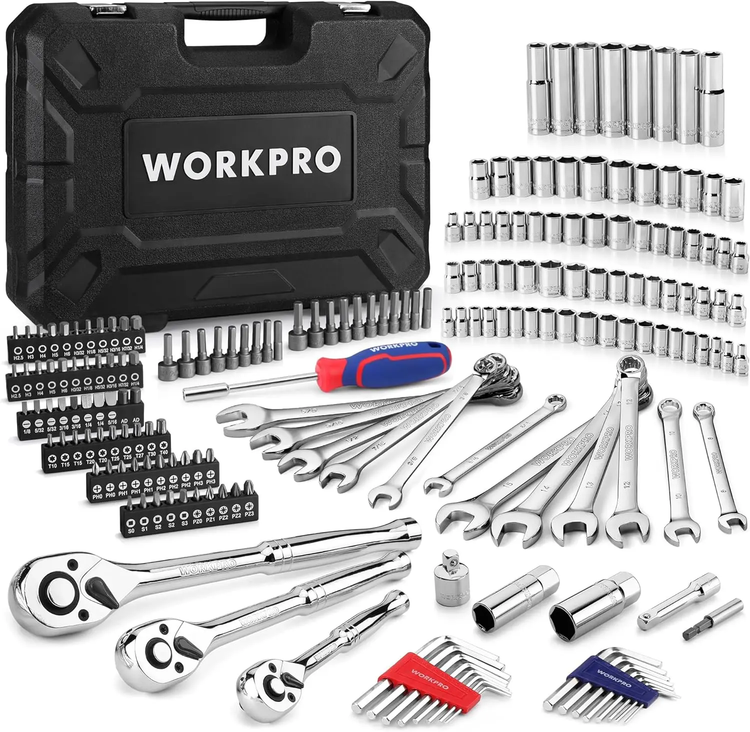 Mechanics Tools Kit and Socket Set, 192-Piece, SAE&Metric, 1/2'', 1/4'', 3/8'' Drive Socket Ratchet Wrench Set with Molded Case