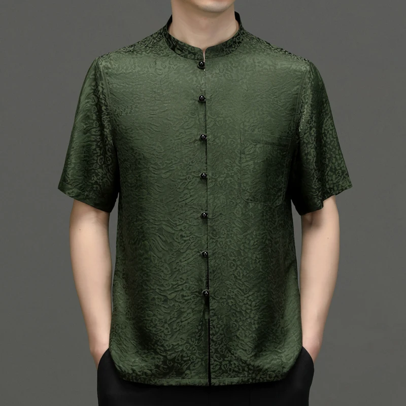 Mulberry Silk Viscose Luxury Shirts For Men Short Sleeved Leopard Summer Quality Frog Tang Costume Comfortable Camisas De Hombre