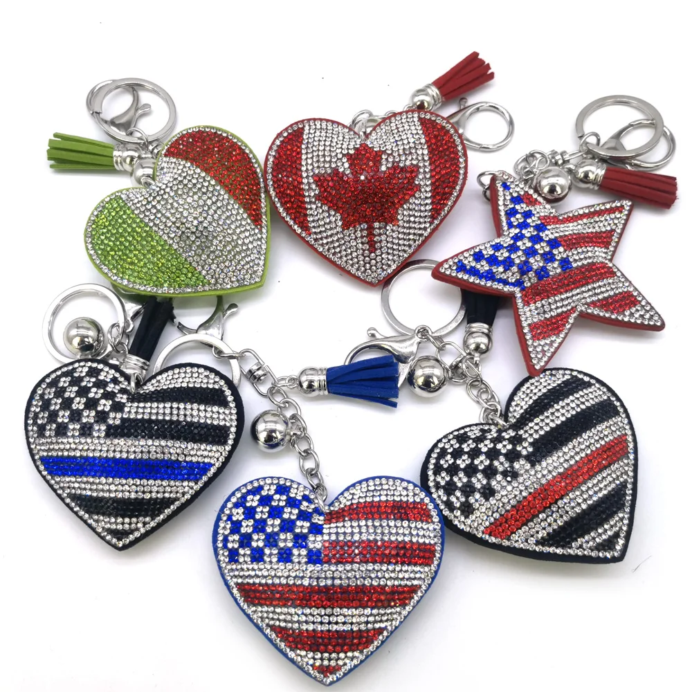 Creative Full Crystal Rhinestone National Flag Heart of Canada Keychain  Women\'s Bags Decoration Accessories Cute Pendants