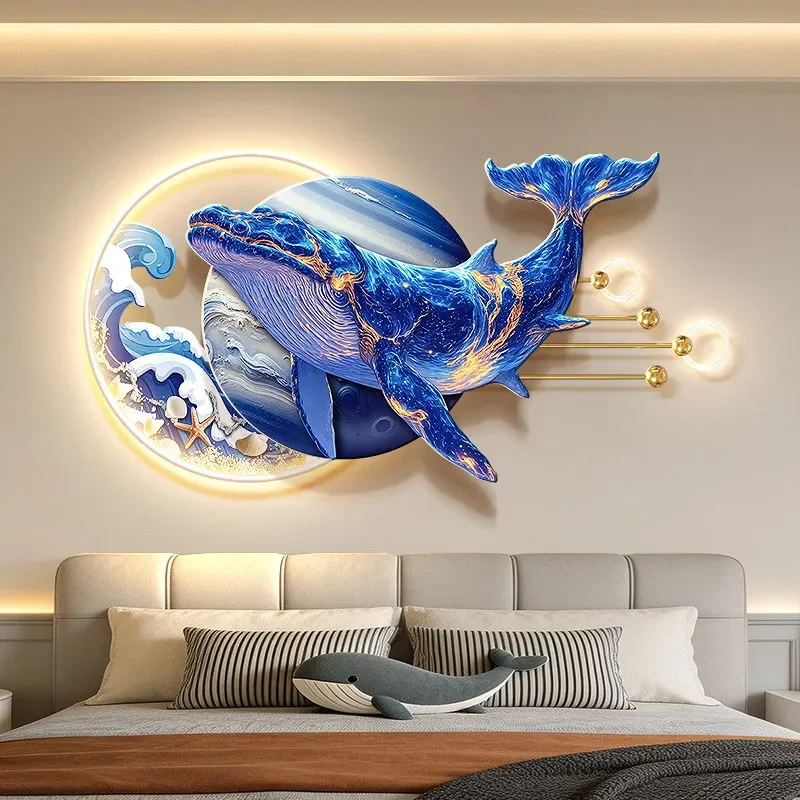Modern Luxury Whale Bedroom Led Decoration Painting Planet Room Background Wall Hanging Painting Waves Living Room With Lights