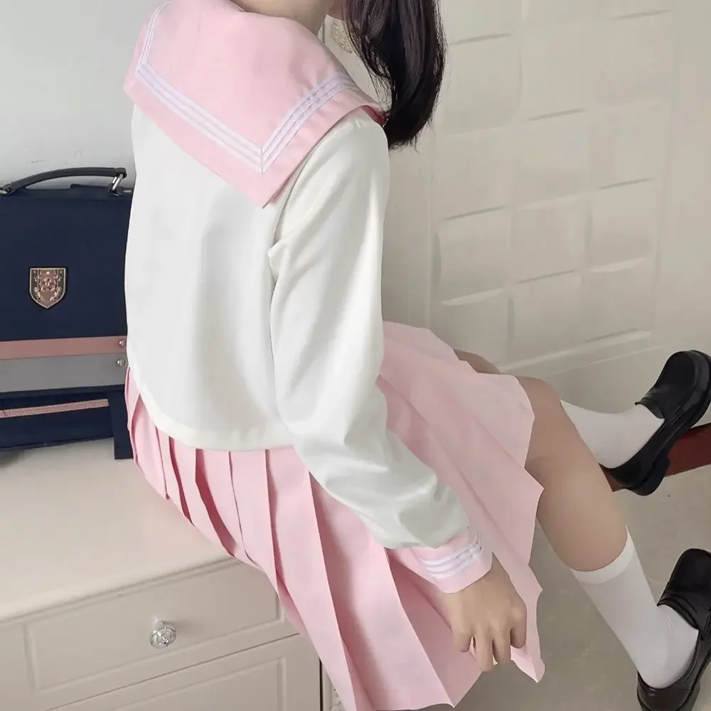 Pink Style Korean Sailor Set Women Seifuku High School Student JK Uniform Japanese Sailor Suit Cos Costumes Girls Pleated Skirt