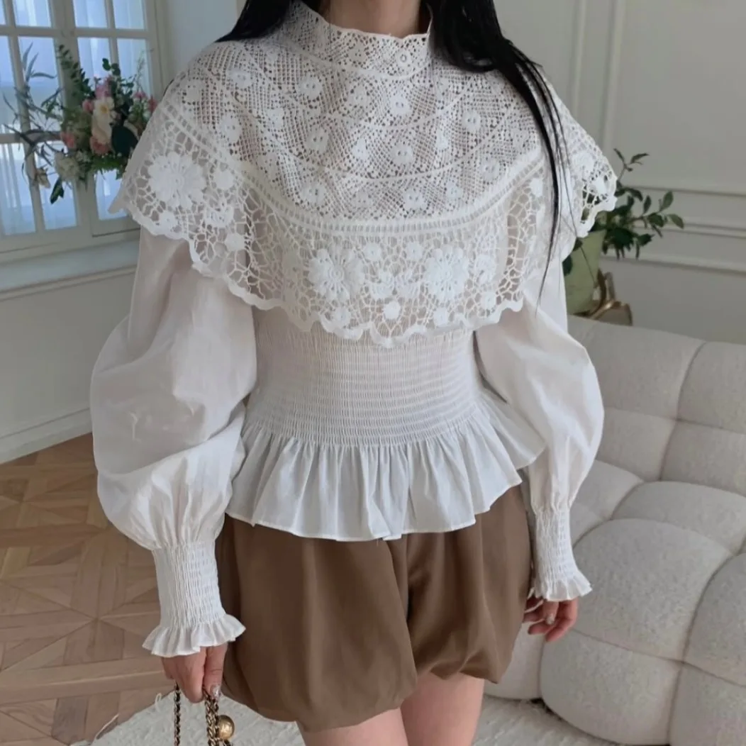 Coreano Sle Chic mujer larga Sve irt pesado bordado encaje empalme dulce corte Sle Top viaje Sle Regular Sve