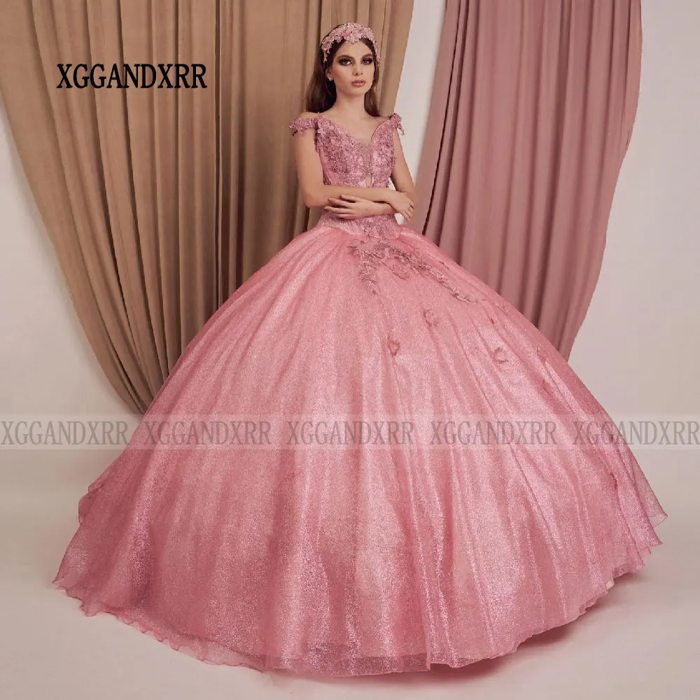 Vestidos De quinceañera rosa carmín con cuello en V profundo, Vestidos De 15 Años, cuentas De perlas, 3D Floral dulce, fiesta De cumpleaños Formal, 15, 16, 2024