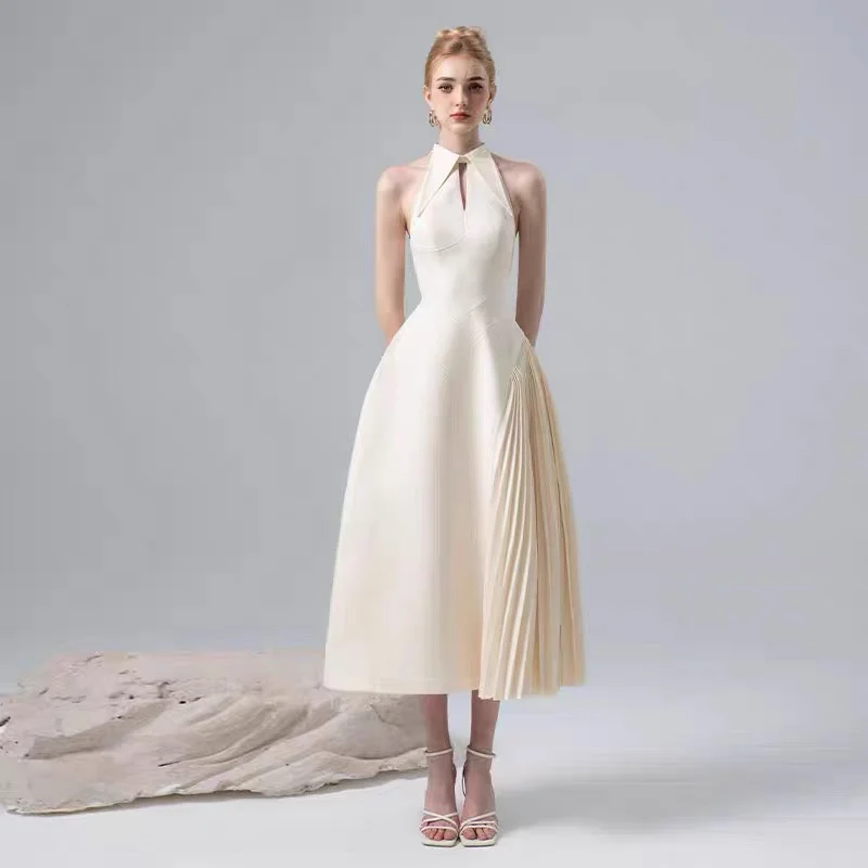 Asymmetrical Hem Sharp Collar Maxi Dress Women's Elegant Ladylike Style Spring Autumn Winter Season Zipper Closure  Color