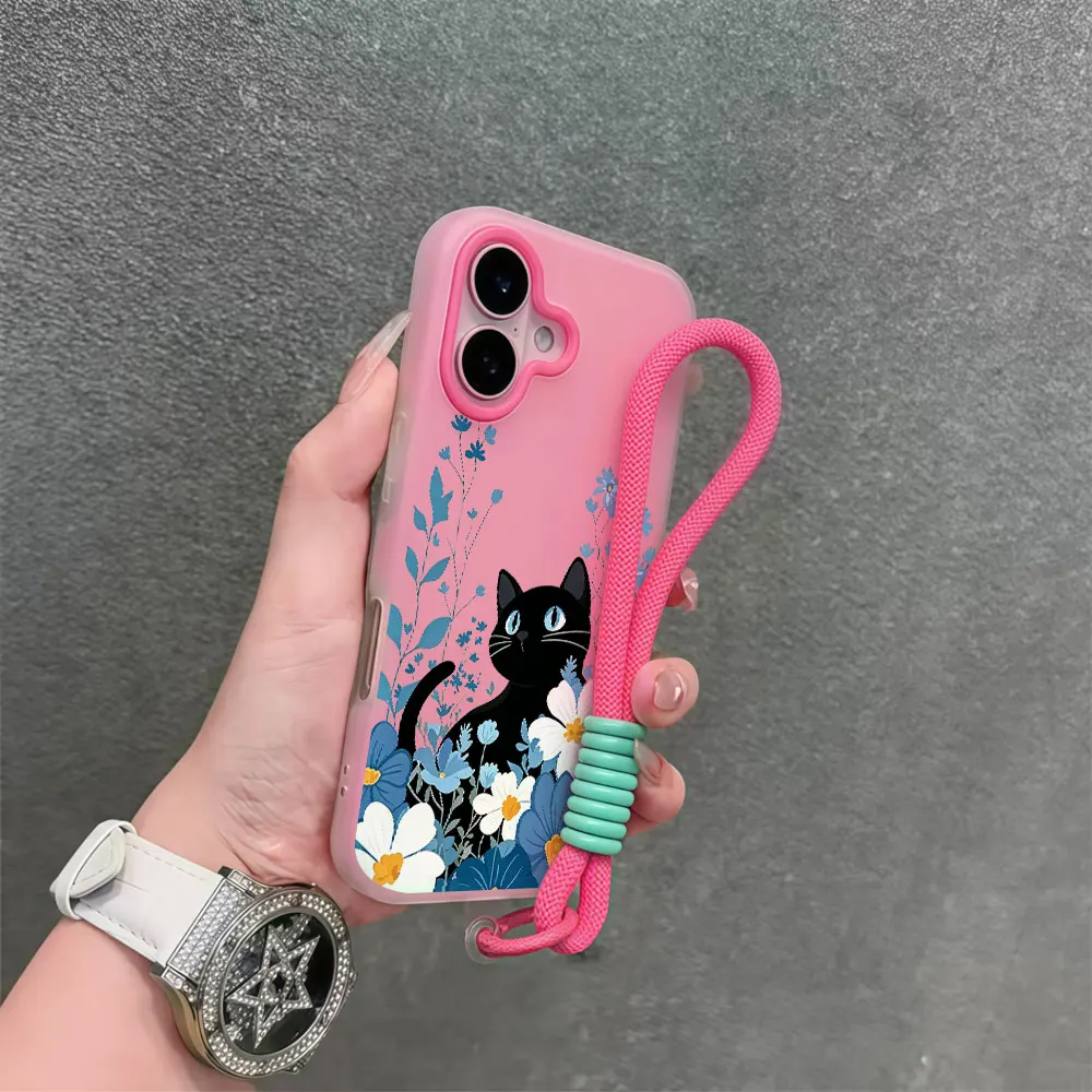 Cat Cute Floral Korean Phone Case For Samsung Galaxy S26 S25 S23 S22 S24 FE Ultra Plus A35 A34 A54 A37 Lanyard Wrist Strap Cover view 4