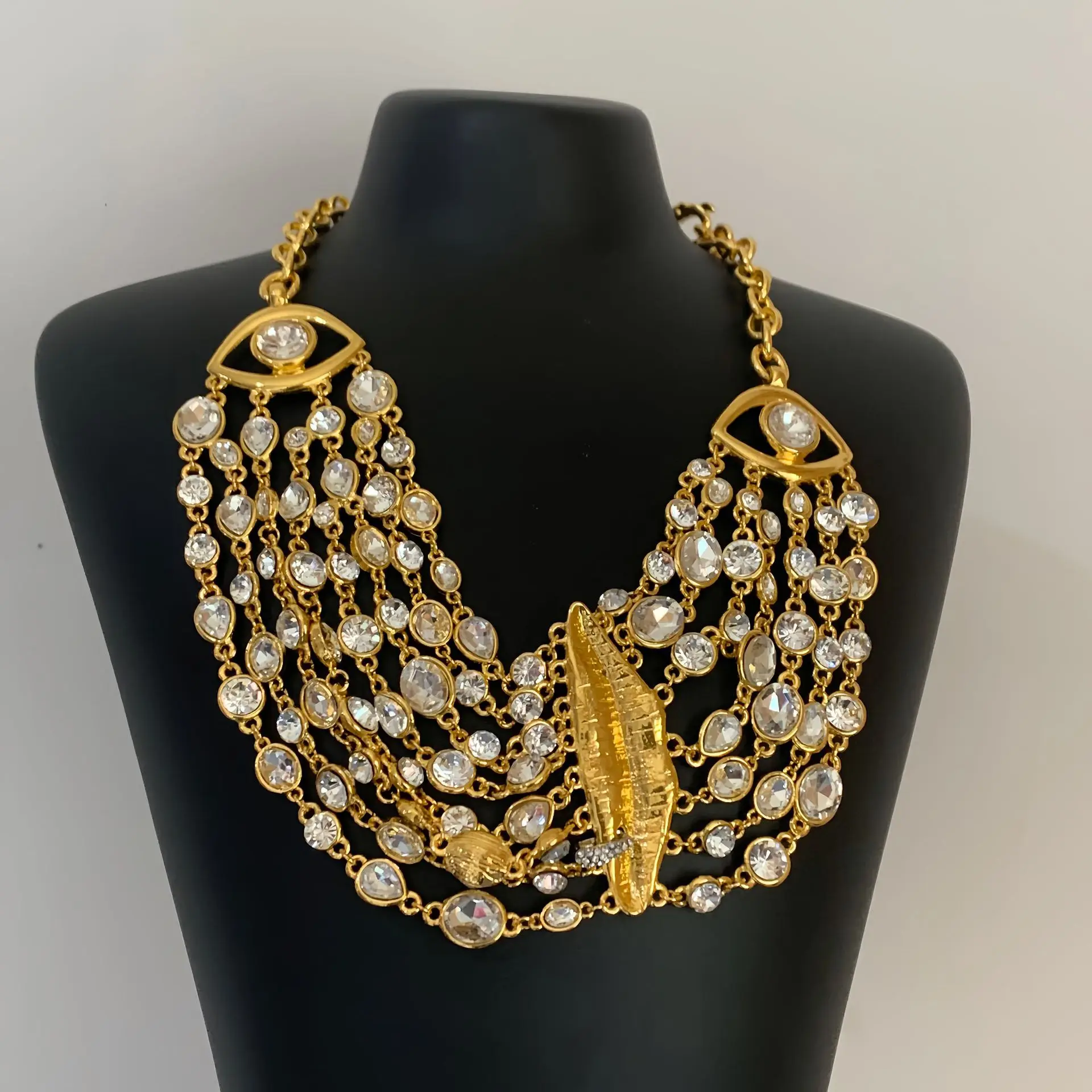 Vintage Luxury Lip Eye Pendant Choker Necklace Multi-Layer Full Crystal Rhinestone Statement Collar Elegant Prom Party Jewelry
