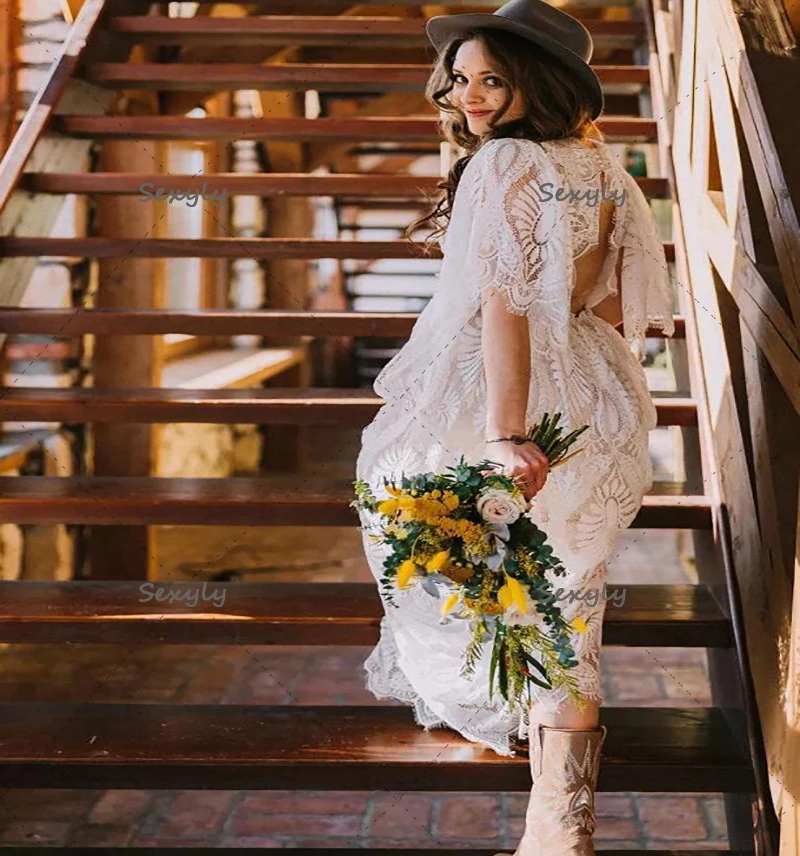 Vestido de novia bohemio de encaje de ganchillo, prenda de manga corta, estilo Hippie, con espalda abierta, para playa, 2022