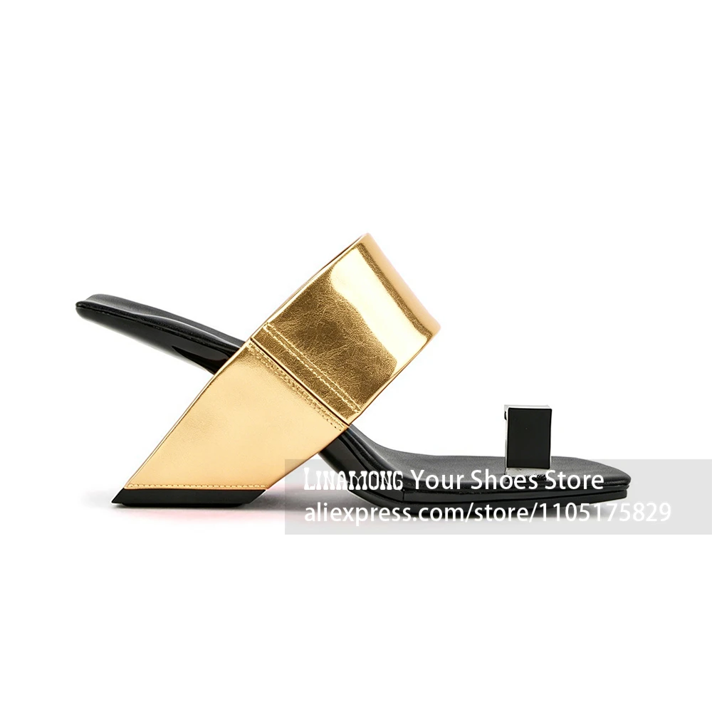 Avant Garde Geometric Sculptural Heel Mules Square Toe Ring Slippers Patent Leather Designer Summer Party Evening Dress Footwear view 4