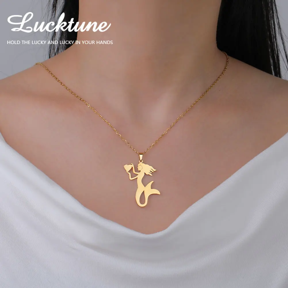 Lucktune Fairy Tale Mermaid Pendant Necklace for Women Girls Stainless Steel Cartoon Heart Love Animal Jewelry Accessories Gifts