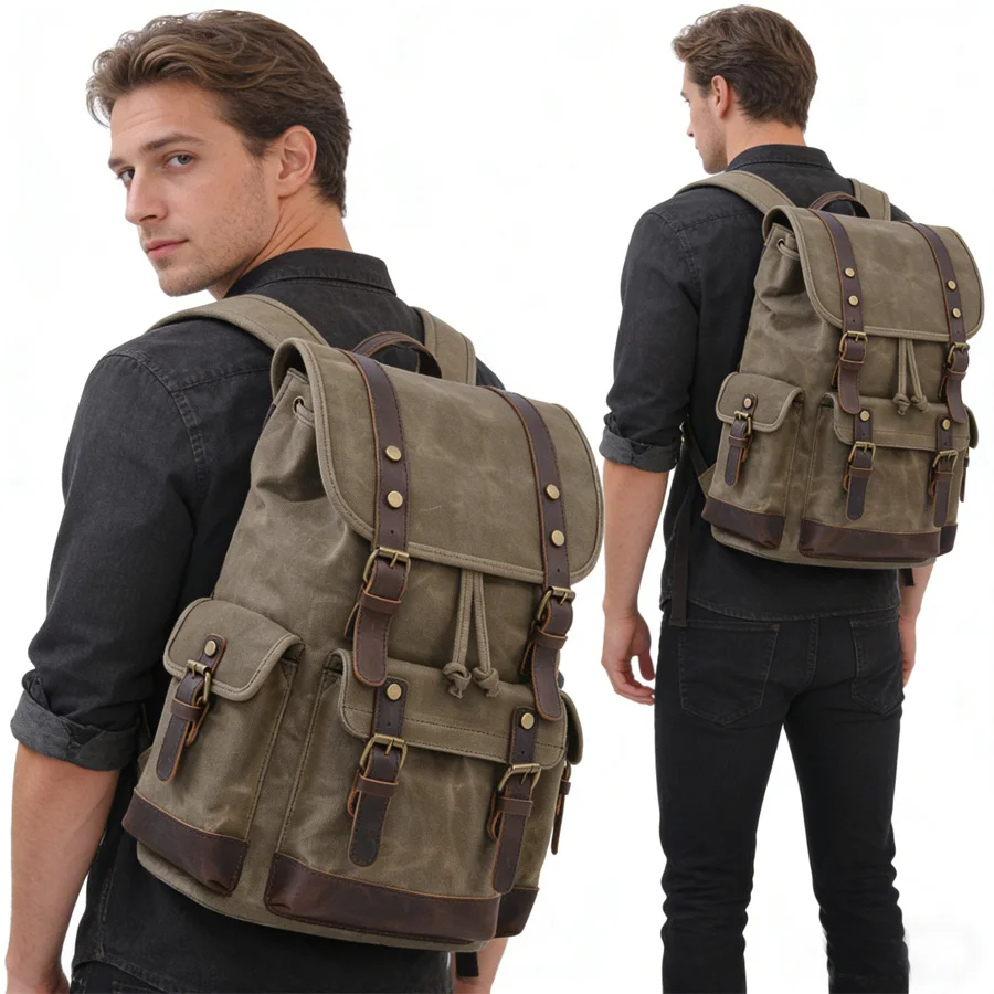 

MUCHUAN Retro Leather Canvas Double Shoulder Bag Large Capacity Outdoor Travel Bag for Men Mountain Climbing Bag Waterproof