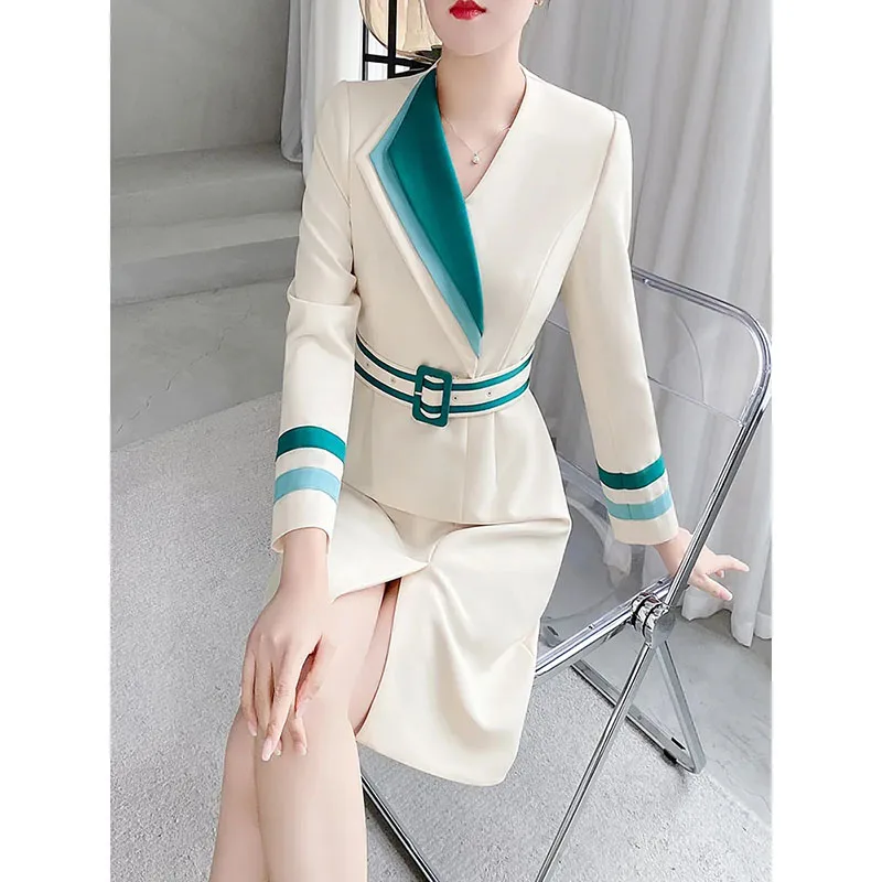 Spring Autumn New Ladies Originally Designed And Spliced Apricot Suit Dress 2024 New Temperament Waist Suit Comfortable Skirt