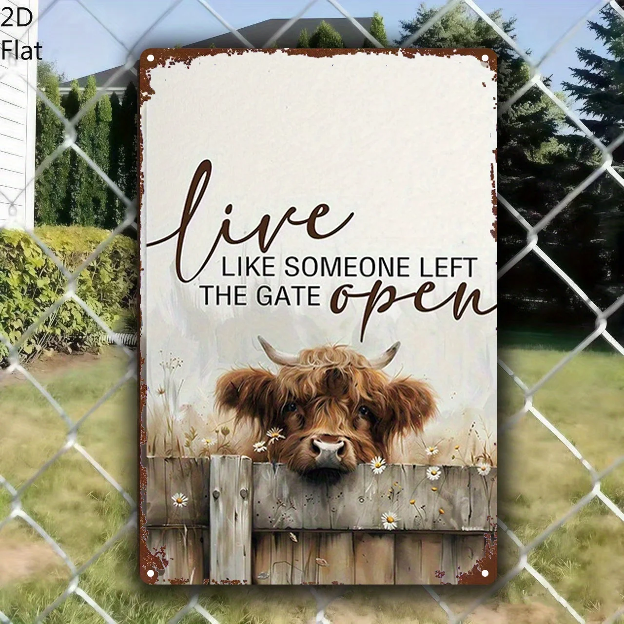 2D Flat Metal Sign Measuring 8.0X12.0inch Featuring a Bull Head Design, Ideal for Rustic Wooden Fence Decor.