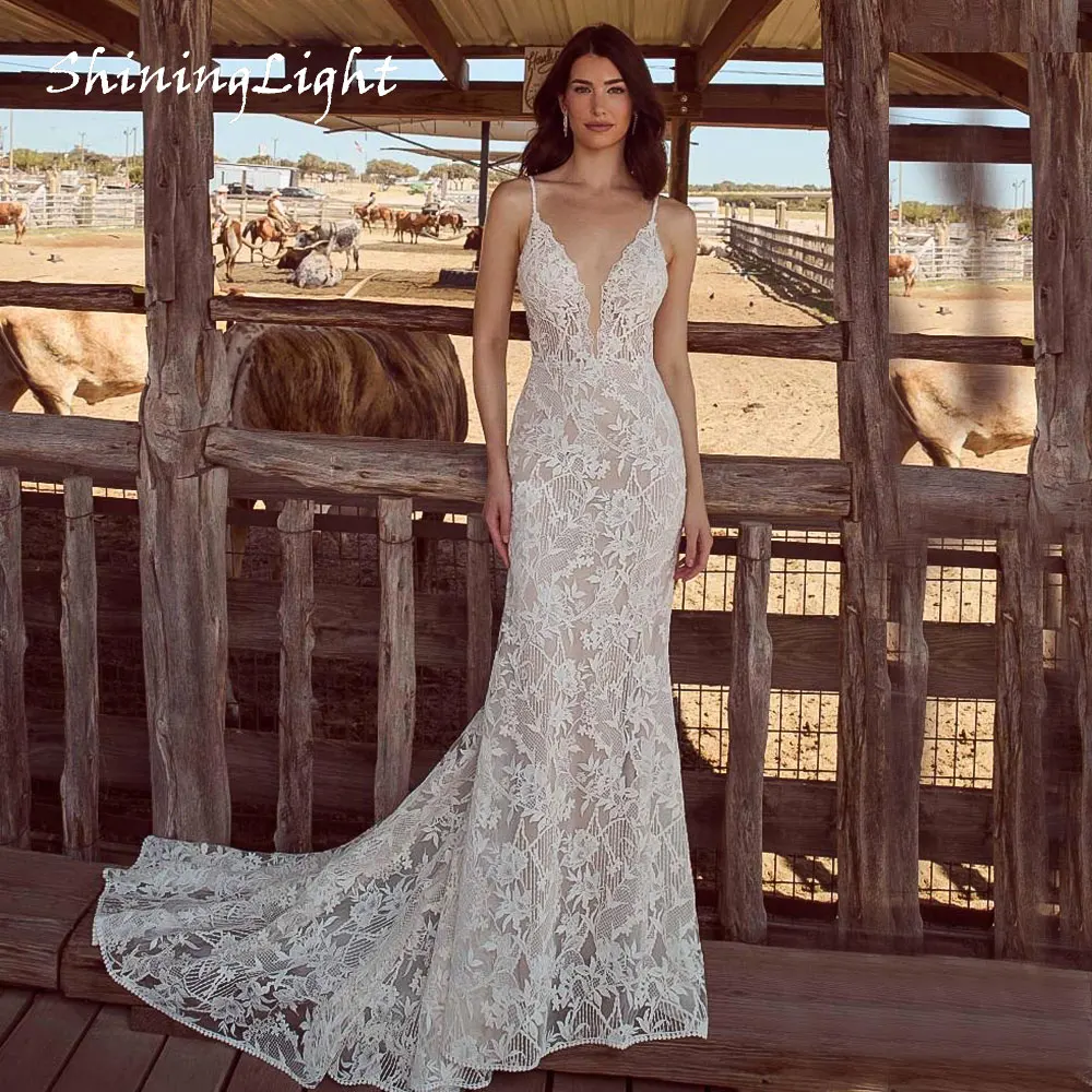 

ShiningLight Sexy Lace Mermaid Wedding Dresses for Women V neck Spaghetti Straps Tulle Boho Wedding Dress Bride Customized