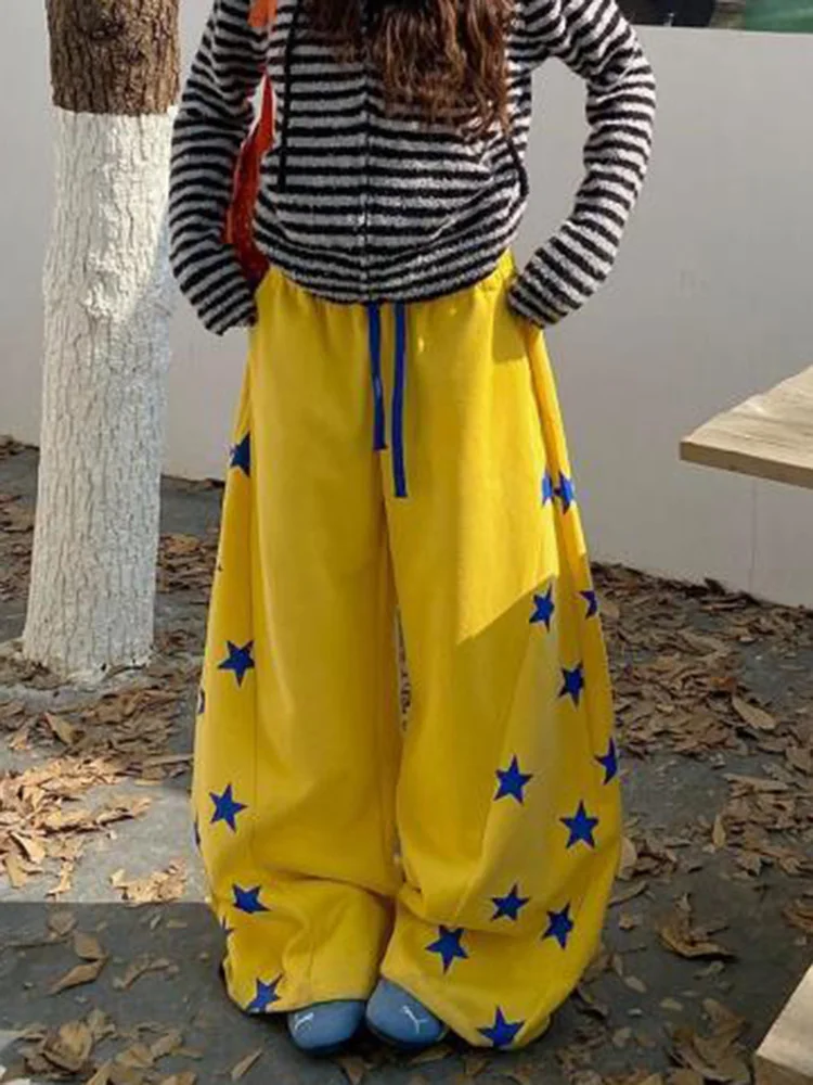 

Американские винтажные спортивные штаны со звездами, женские большие брюки с высокой талией Y2K, желтые брюки, осенне-зимняя уличная одежда, женские свободные брюки в стиле ретро