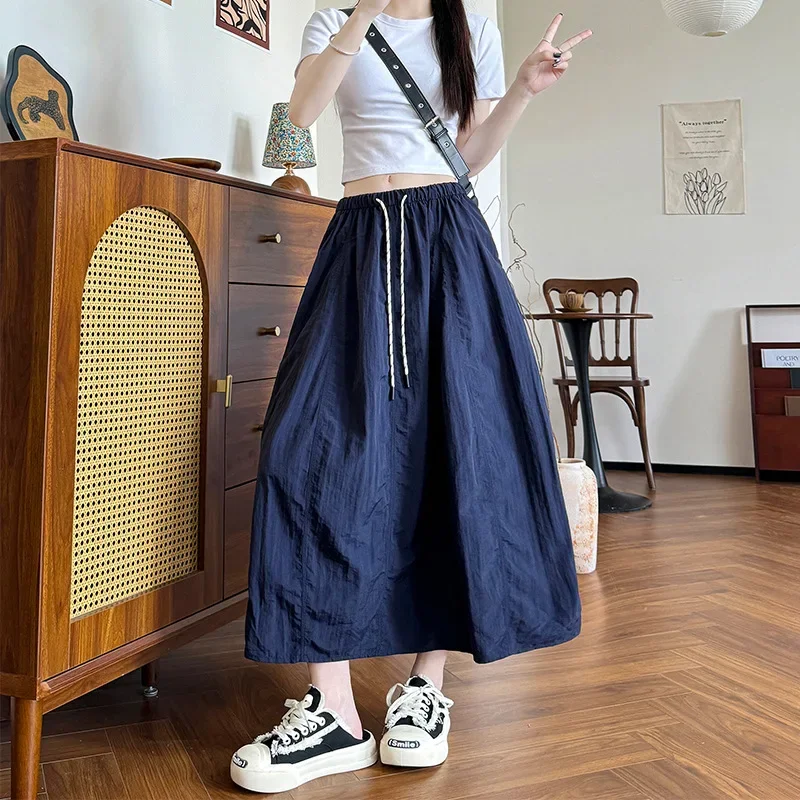 2026 New Solid Skirt Women's Summer Loose A-line Umbrella Patchwork Japanese-style Pumpkin Cargo Skirts Woman