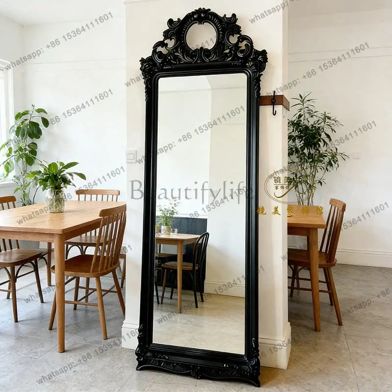 French retro light luxury floor mirror living room entrance carved decorative mirror home