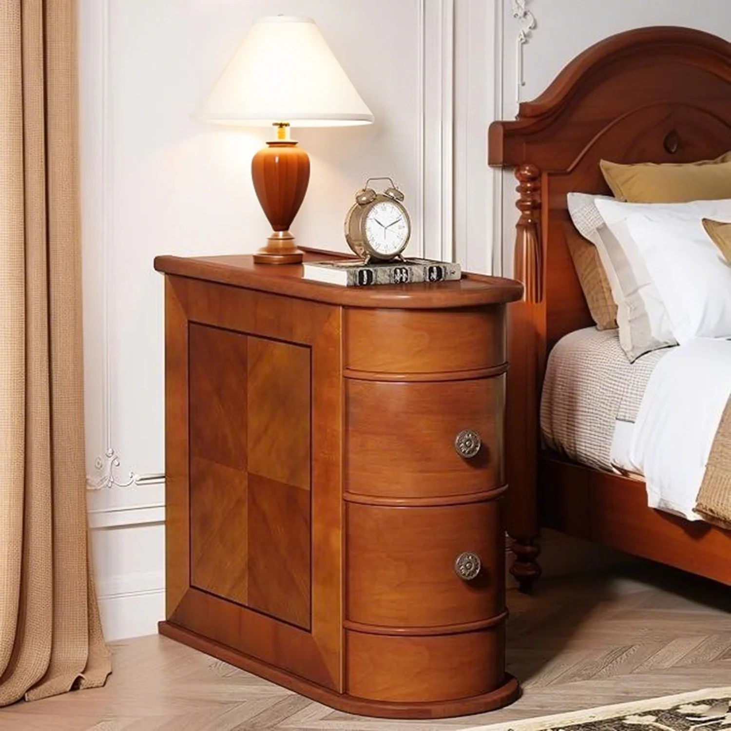 

Slim Walnut Wood Side Table with 2 Drawers – Narrow End Table with Storage for Bedroom or Lounge, Modern Nightstand Unit