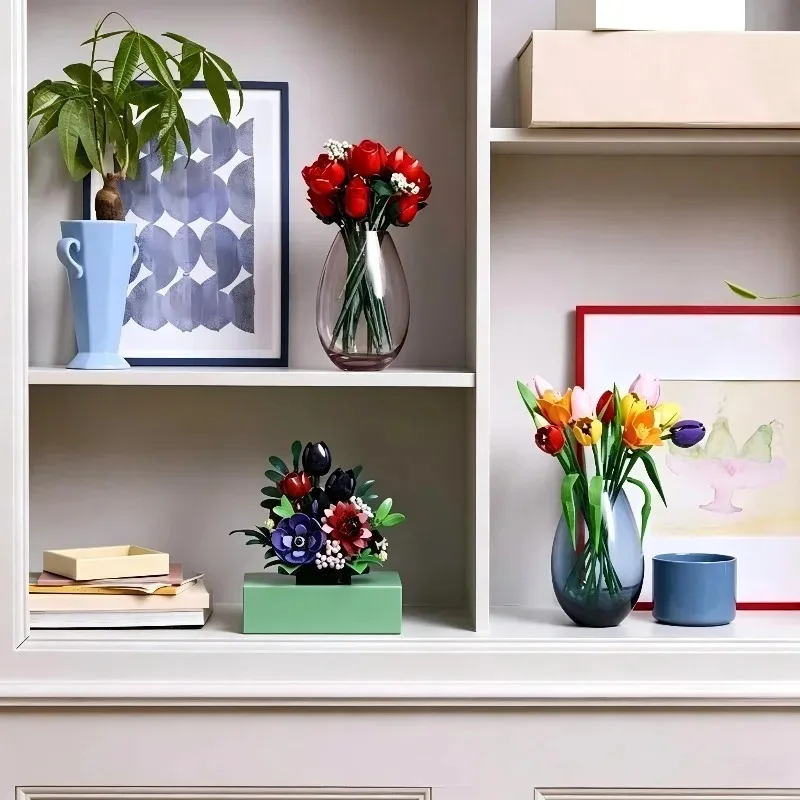 Dark Tone Flower Bouquet Building Blocks 562 Pcs DIY Assembled Bricks Ornament Creative Floral Display Model Home Desktop