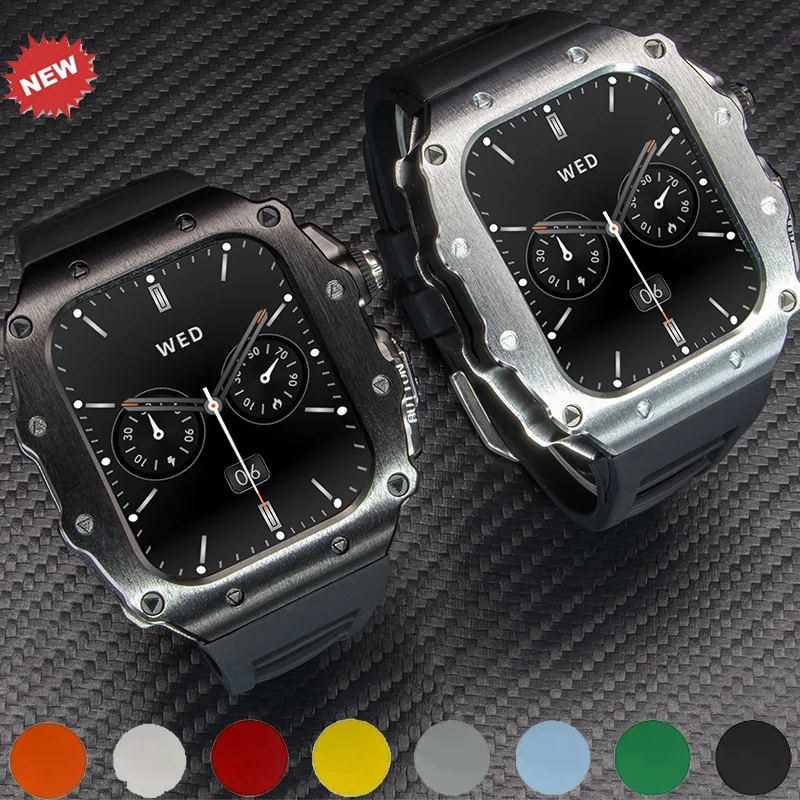 مجموعة تعديل فاخرة لساعة أبل 11 10 46/44/45 مللي متر حافظة من الفولاذ المقاوم للصدأ لسلسلة IWatch 9 8 7 6 SE مشبك دبوس من السيليكون