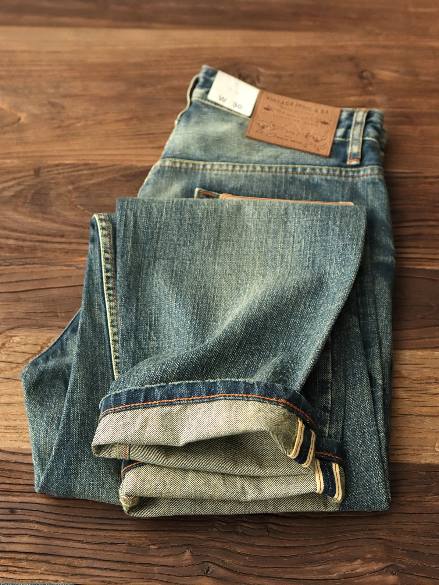 

Heavyweight Red Ear Straight Leg Men's Denim Jeans Waed Vintage American Retro Loose Casual Long Trousers