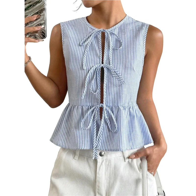 【Feestdecoratie】Dames Gestreepte Print Tie Front Knoop Ronde Hals Mouwloze Tank Blouses Ruche Peplum Tops