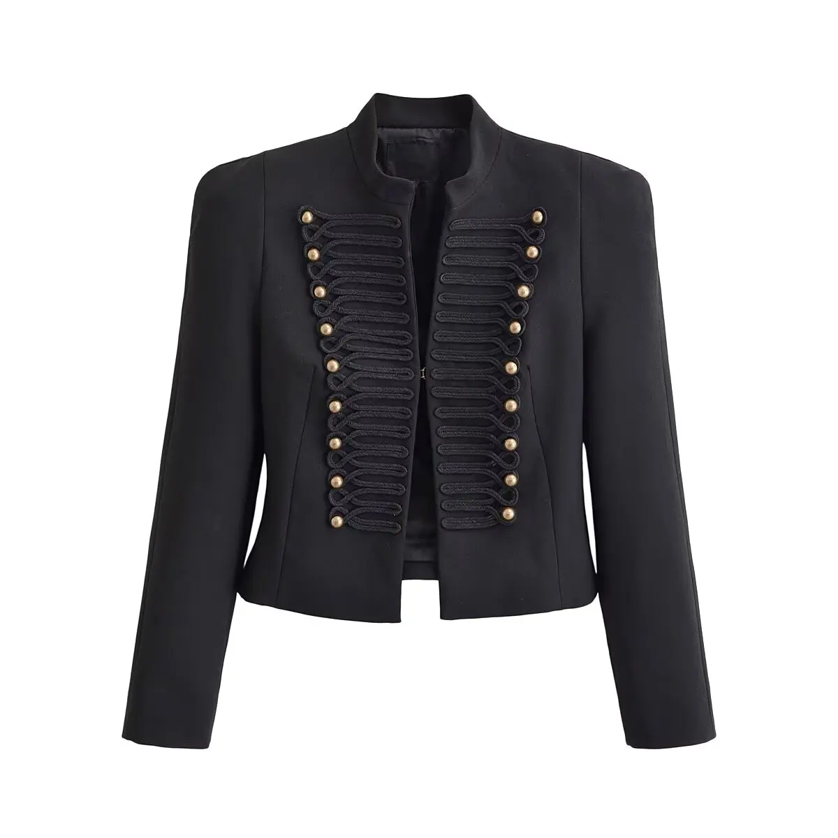 HH Damen Vintage Napoleon-Jacke Stehkragen Doppelreihig Schmal Geschnitten Schwarze Kurze Oberbekleidung Herbst Formelle Bürokleidung – Detail 2