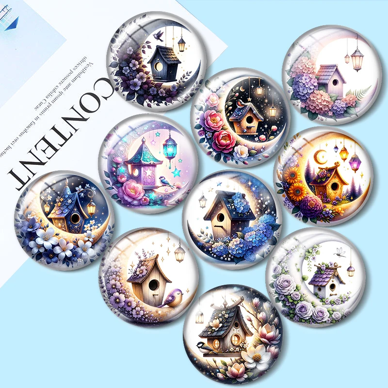 Watercolor Magical Crescent Moon Bird House 12mm/16mm/18mm/25mm Round Photo Glass Cabochon Demo Flat Back Making findings