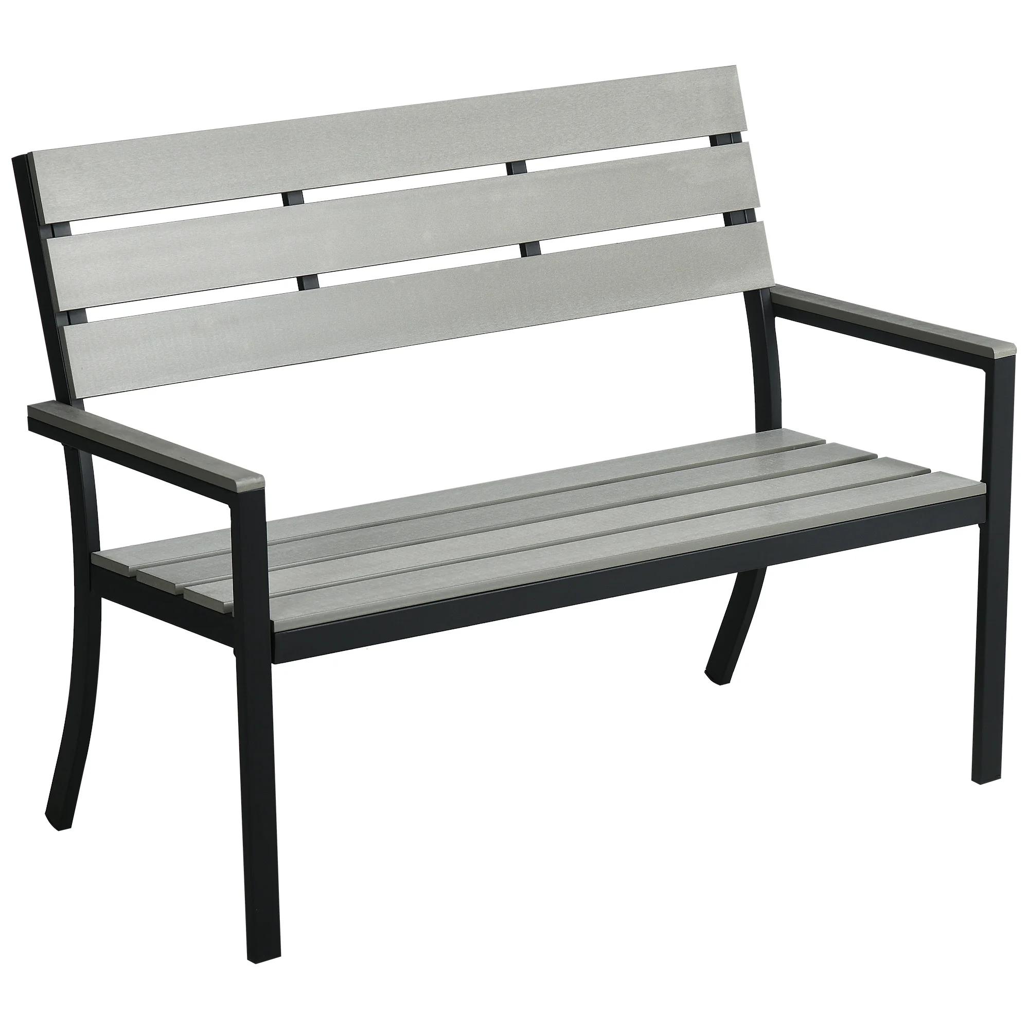 Outsunny 2 seater plastic garden bench with backrest armrest and steel frame for balcony terrace porch cargo 240 kg 122x65x92 cm Gray