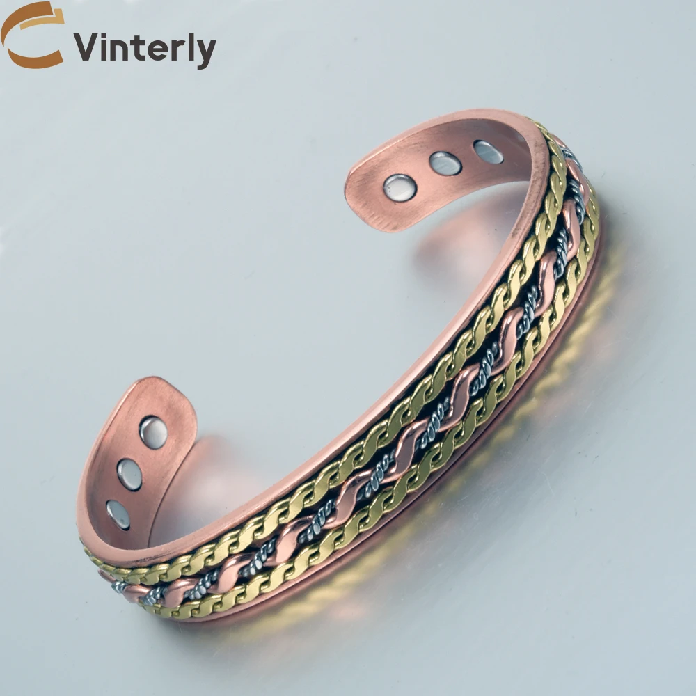 Vinterly Pure Copper Bracelets Magnetic Twisted Cuff 12mm Rose Adjustable Health Energy High Magnets Bangles Resizable Jewelry